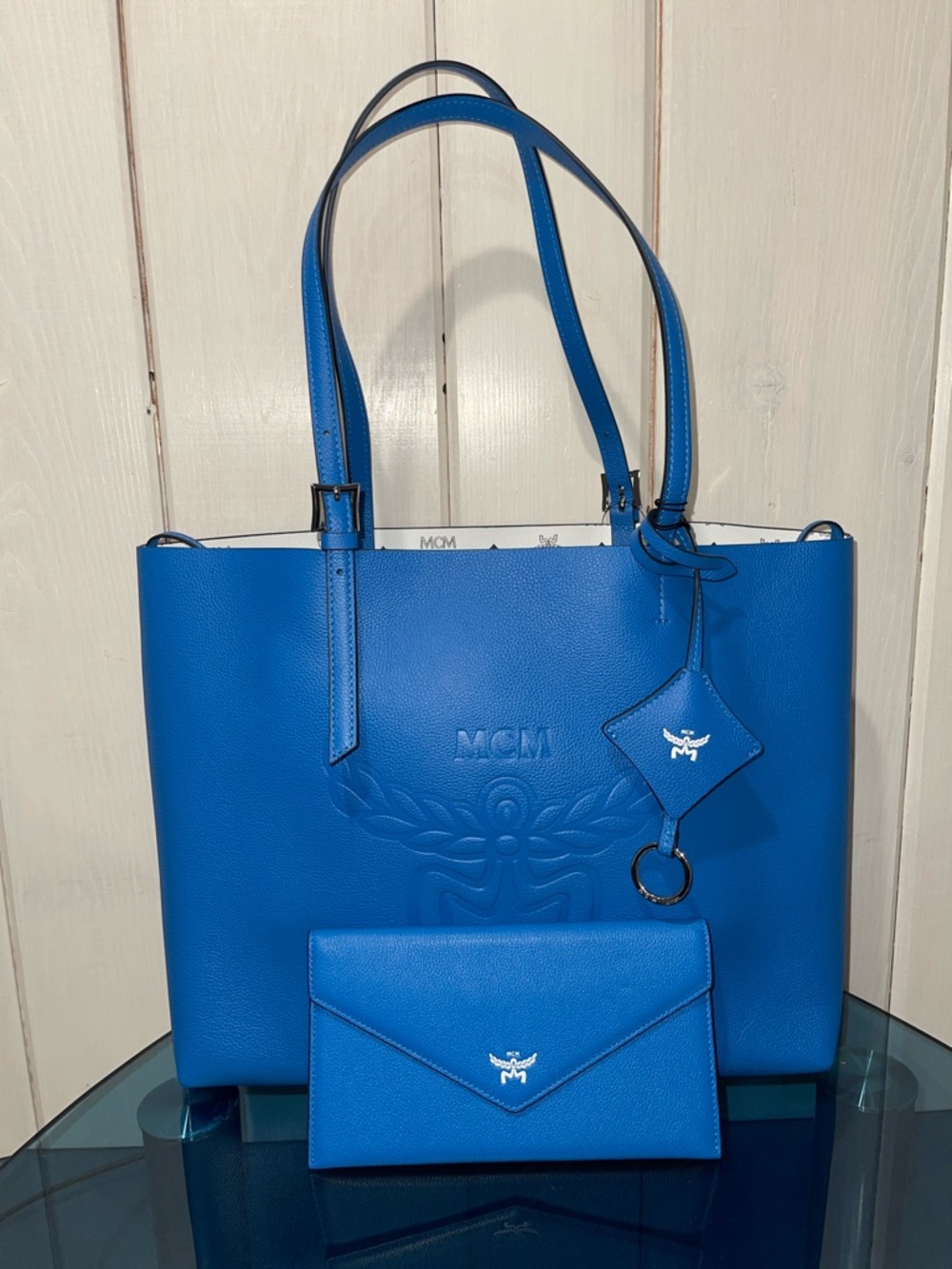 MCM Tote Himmel Shopper Embossed Logo Leather New Munich Blue NWT full inclusion